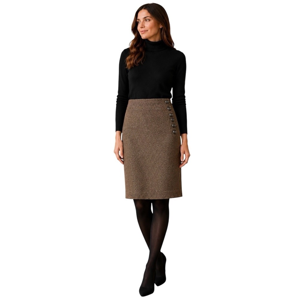 L.K. Bennett Freida Pencil Skirt Womens Brown Lambswool Tweed Lined. Sz 12
